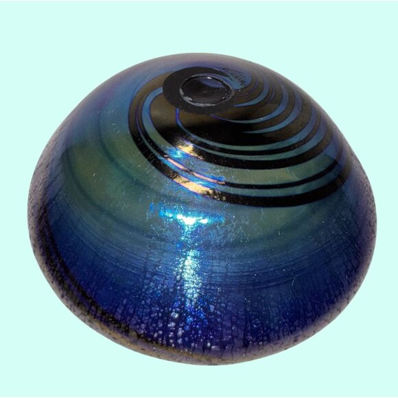 Hand Blown Artist Signed Glass Bowl Iridescent Blue peacock Rogers ? - Picture 3 of 8
